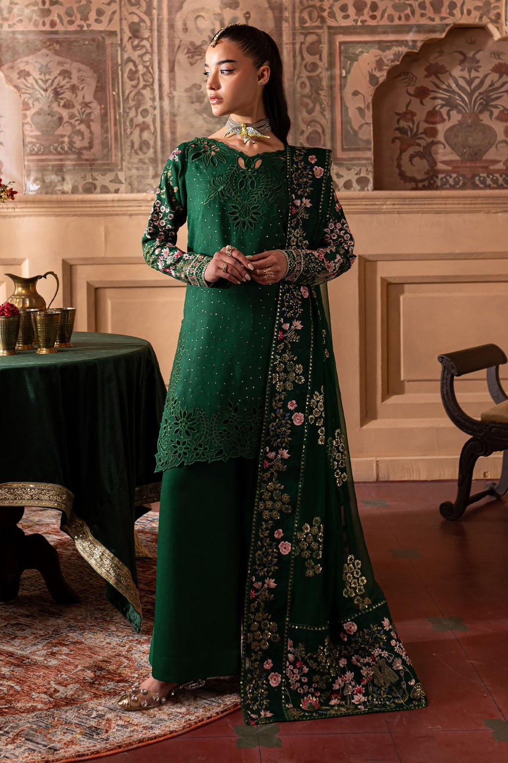 Nur Mahal NE-138 Unstitched Embroidered Silk Dress Material with Organza Dupatta