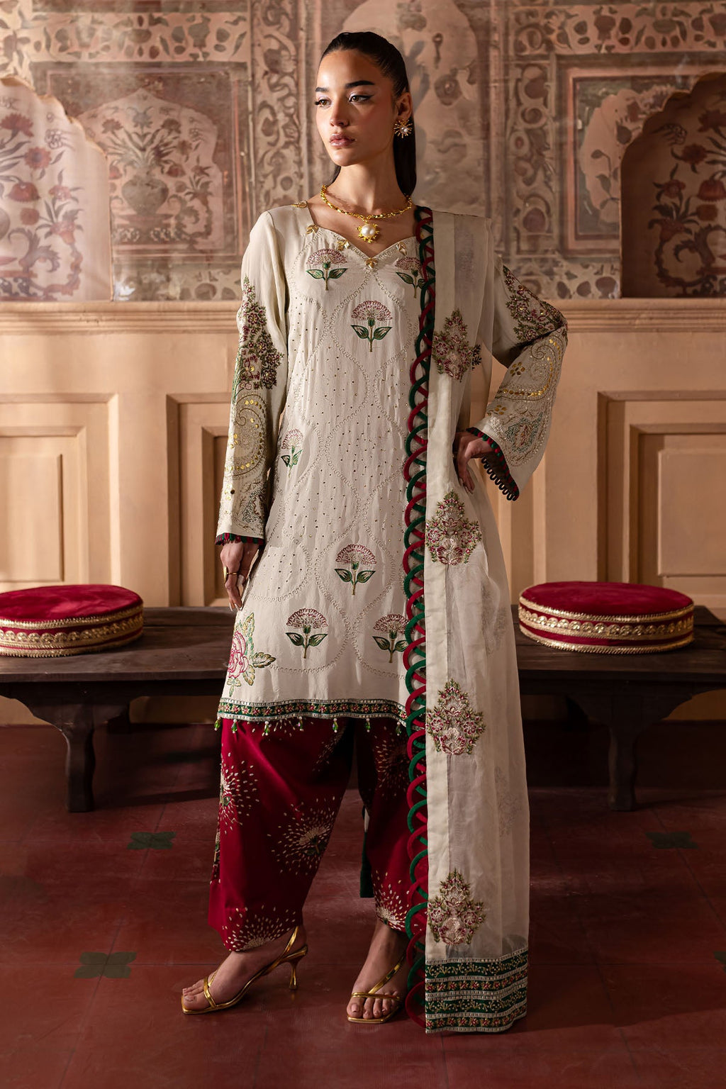 Luxurious Nur Mahal NE-139 Embroidered Silk Unstitched Dress Material by Nureh