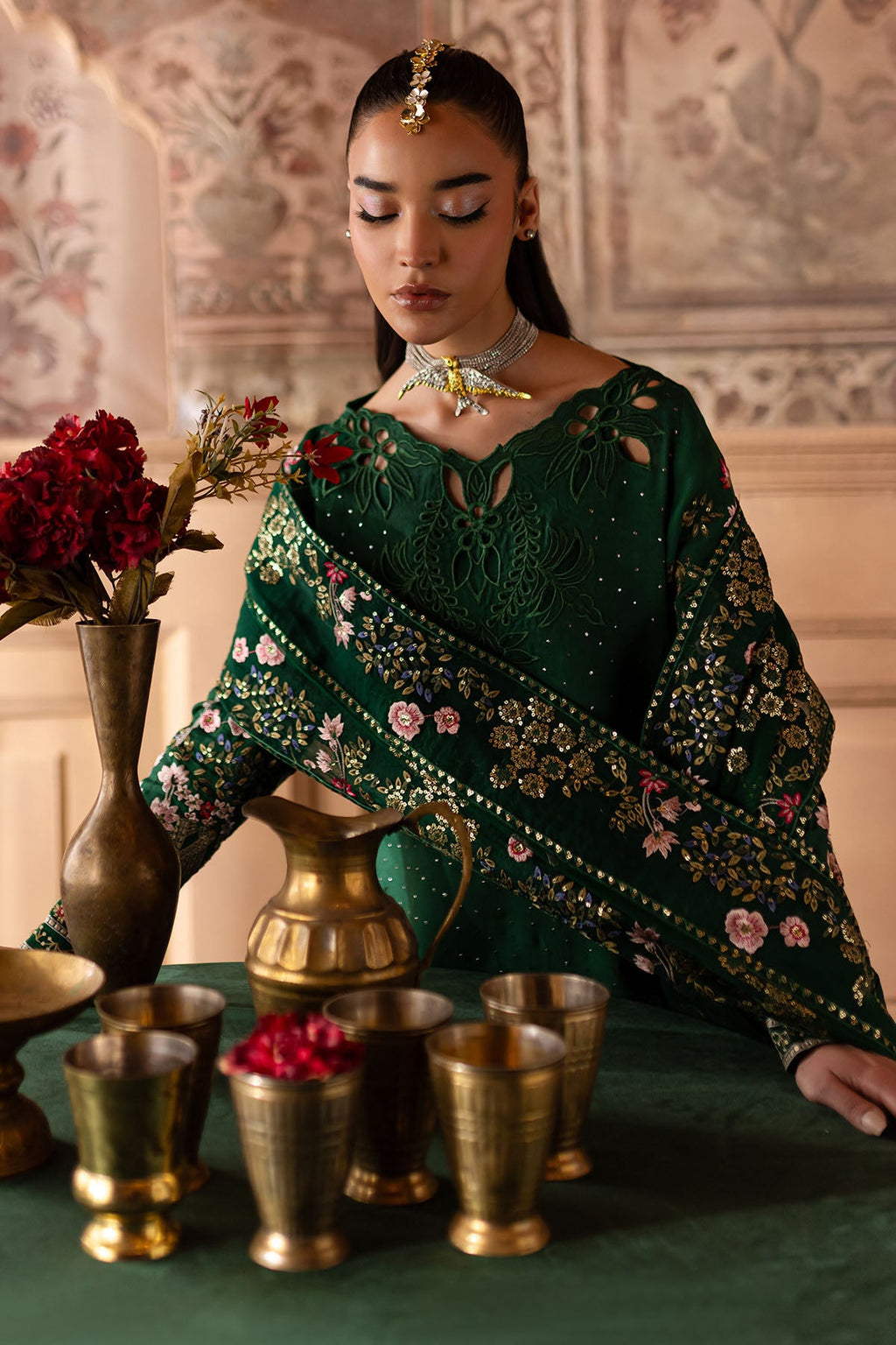 Nur Mahal NE-138 Unstitched Embroidered Silk Dress Material with Organza Dupatta