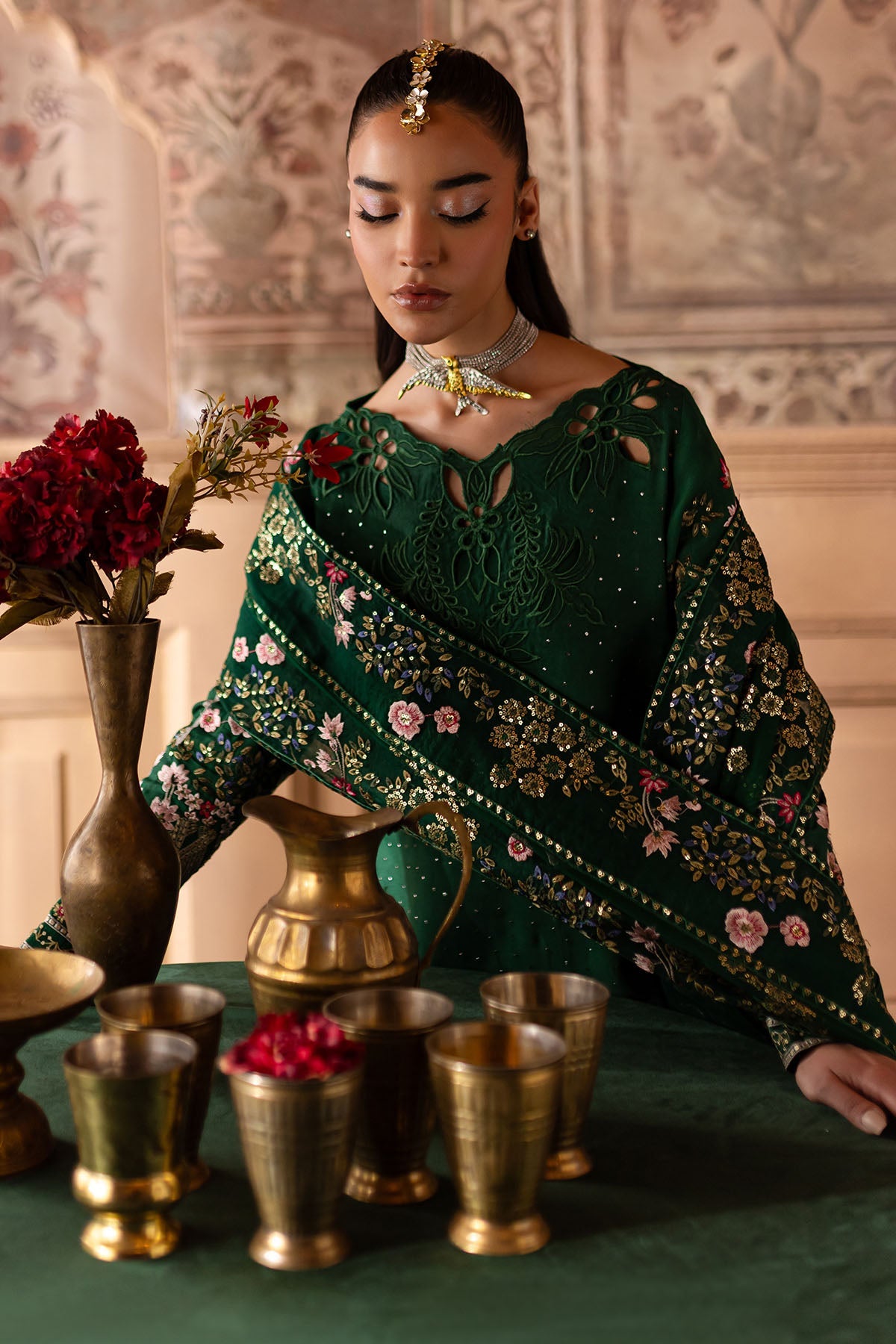 Nur Mahal NE-138 Unstitched Embroidered Silk Dress Material with Organza Dupatta