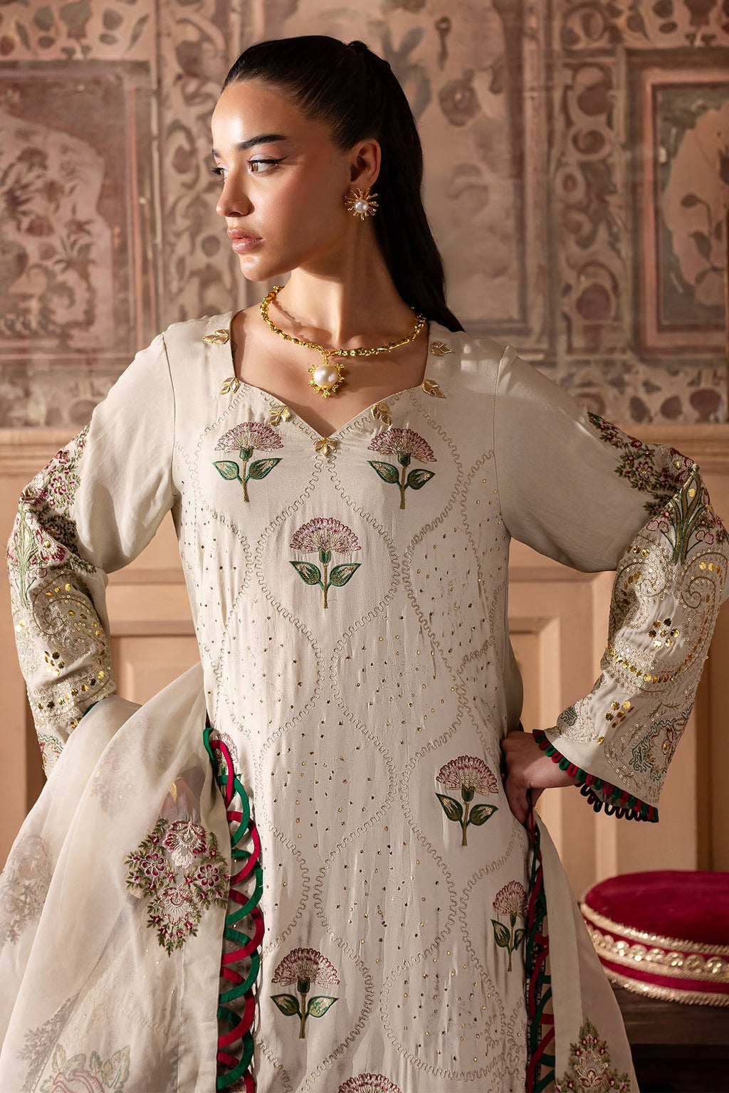 Luxurious Nur Mahal NE-139 Embroidered Silk Unstitched Dress Material by Nureh
