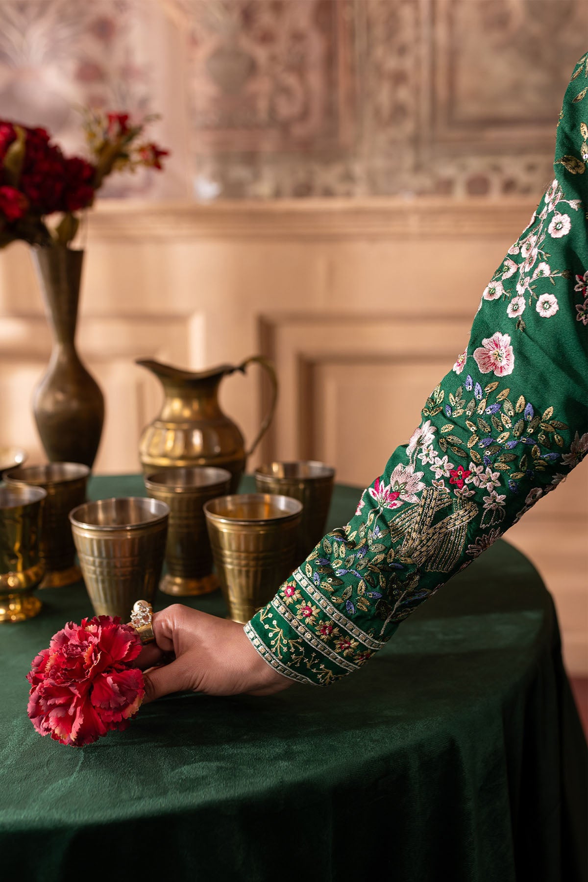 Nur Mahal NE-138 Unstitched Embroidered Silk Dress Material with Organza Dupatta