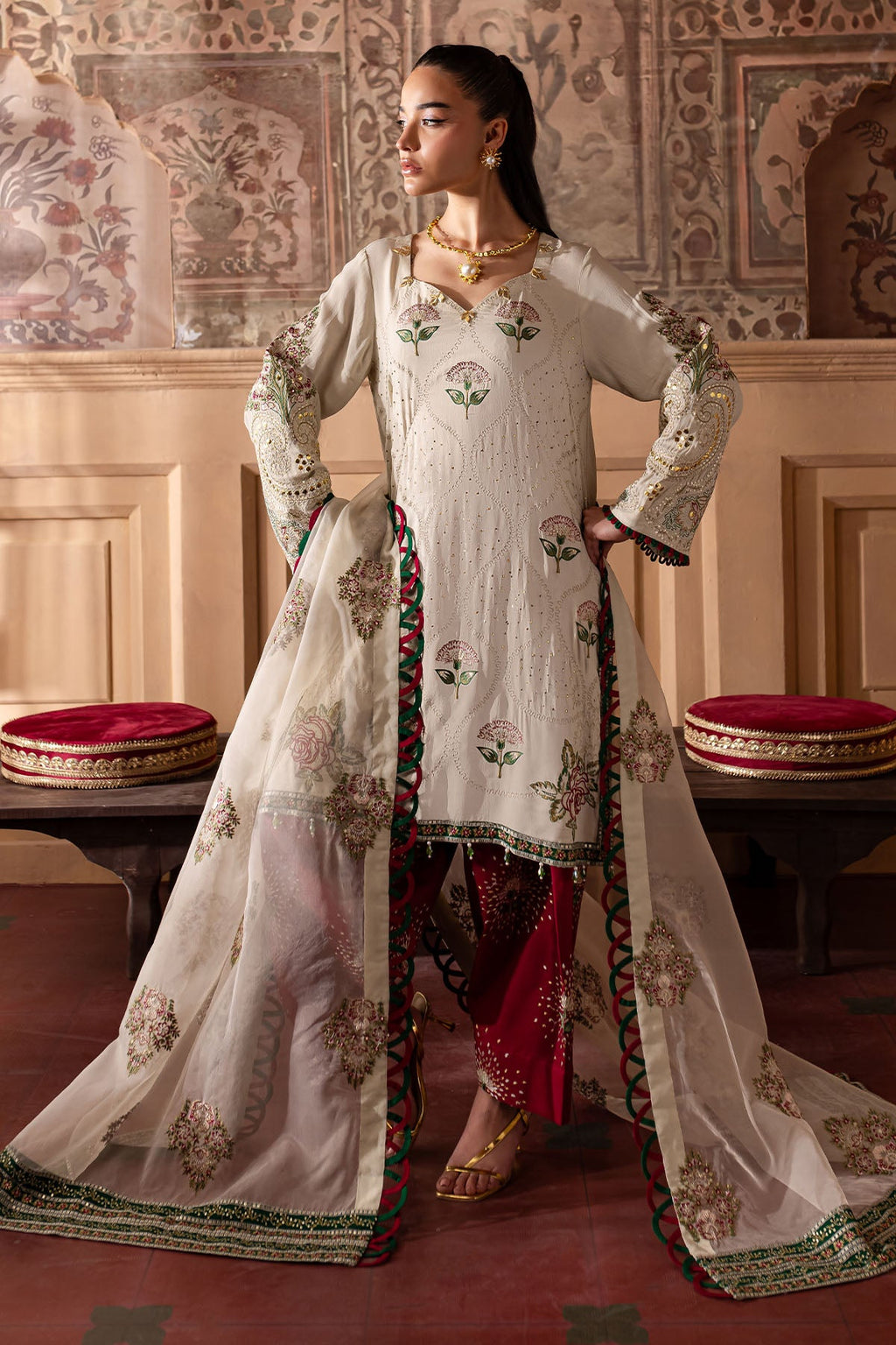 Luxurious Nur Mahal NE-139 Embroidered Silk Unstitched Dress Material by Nureh