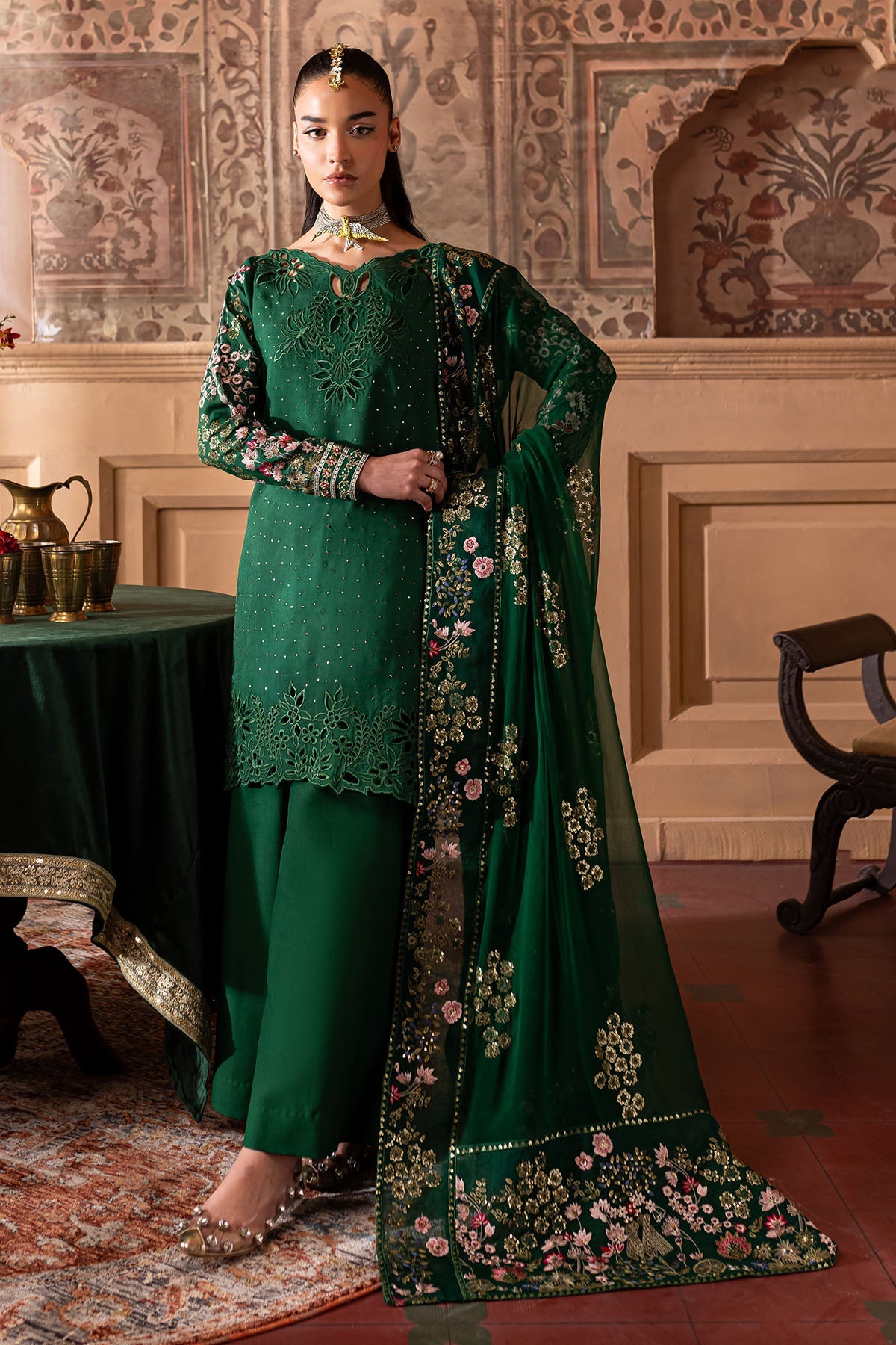Nur Mahal NE-138 Unstitched Embroidered Silk Dress Material with Organza Dupatta